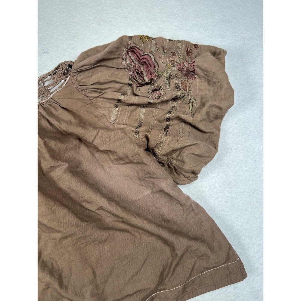 Free People Women's Embroidered Puff Sleeve Brown Crop Top Size XS - Picture 8 of 12